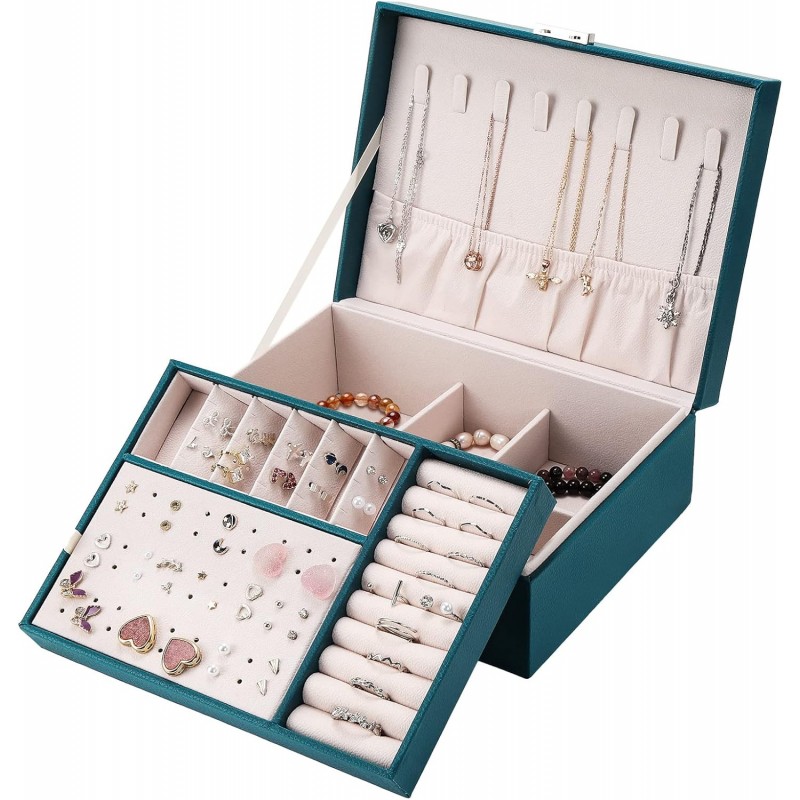 Coptiner Boîte à Bijoux pour Femme filles, Coffret à Bijoux en Cuir Verrouillable de 2 Couches, Organisateur à Bijoux Rangement